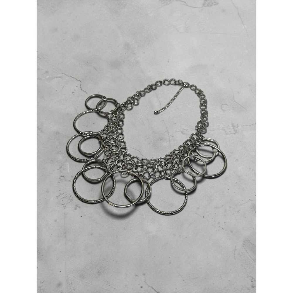 Statement Bib Necklace 22" Silver Tone Chunky Multi-Ring